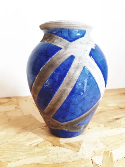 Cobalt Blue Raku Art Studio Pottery Urn Vessel Vase Crackle Glazed Decor