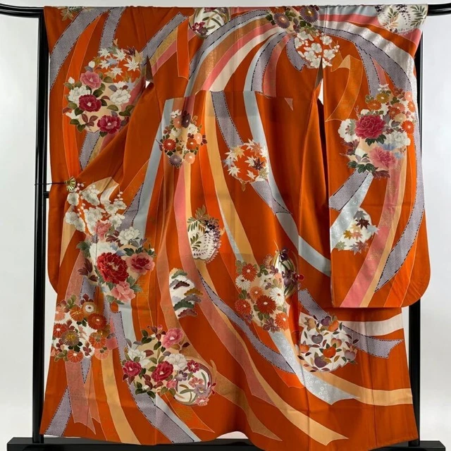 Japanese Kimono Furisode Pure Silk Peony Embroidery Gold Thread Orange Color