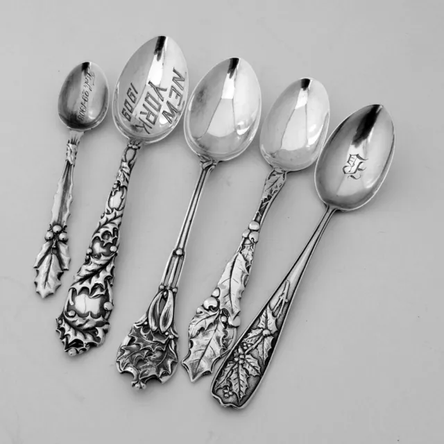 5 Piece Holly Spoons Collection Sterling Silver Monograms