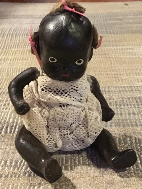 Antique BLACK ALL PORCELAIN BISQUE JOINTED DOLL JAPAN 4.5”