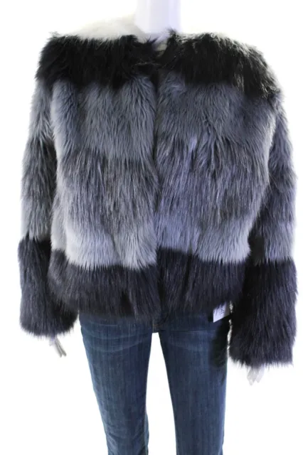 Zara Woman Womens Faux Fur Hook Closure Jacket Blue White Size Medium