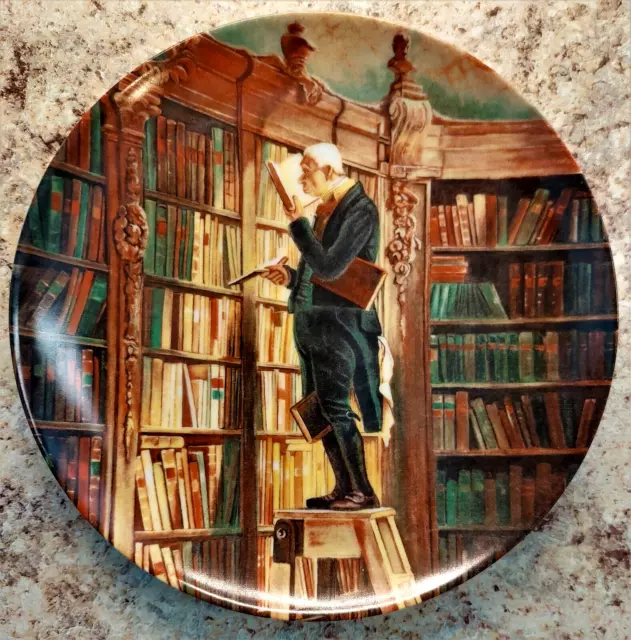 The Bookworm, famous 1850 painting on collectible plate, Carl Spitzweg