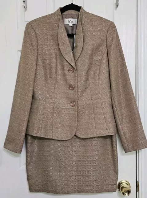 Le Suit Women Brown Beige Skirt Suit Business Formal Career Size 8