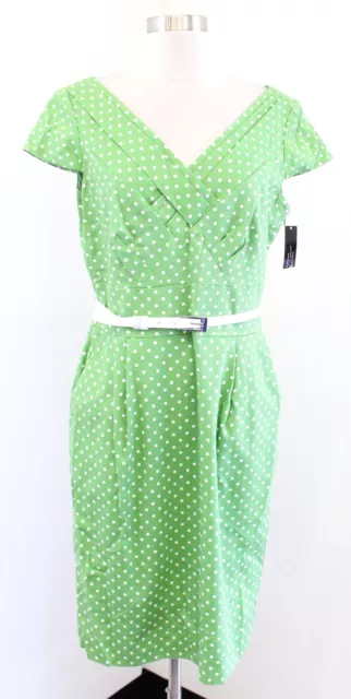 NWT Tahari ASL Levine Green White Polka Dot Belted Sheath Dress Size 10 Career