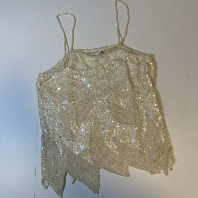 Vtg Swee Lo Sequined Beaded Feather Tank Top Sparkle Iridescent Eras NYE Sz S