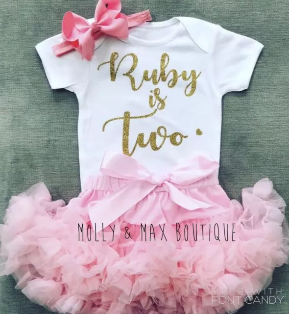 Girls 2nd Second Birthday Set Outfit Tutu Skirt Party Personalised Pink Gold Bow