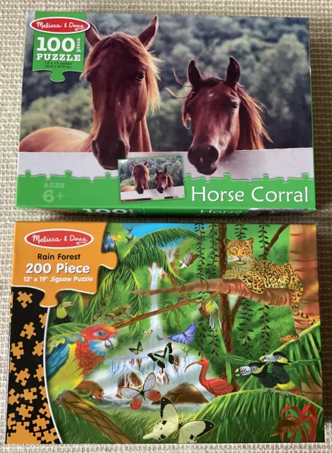 Melissa and Doug Lot 2 Jigsaw Puzzles Rain Forest 200 Piece Horse Corral 100