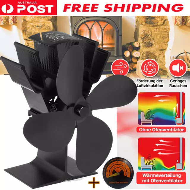 4-Blade Electric Stove Fan Stove Fan Blower Fan  W/Thermometer-Silent Eco Heater