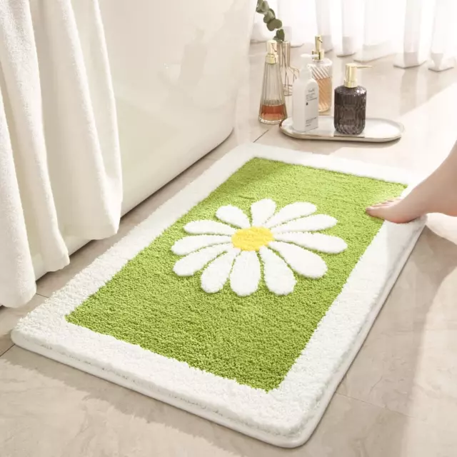 Green Bathroom Rug Daisy Bath Mat Cute Decor Rugs White Flower Dark Green Mats N