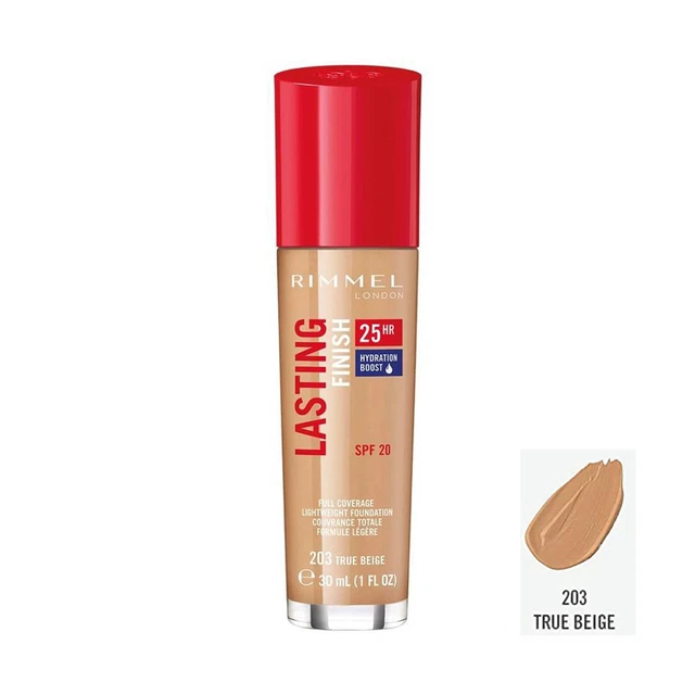 Base líquida RIMMEL acabado duradero 25 horas cobertura completa 203 beige verdadero 30 ml