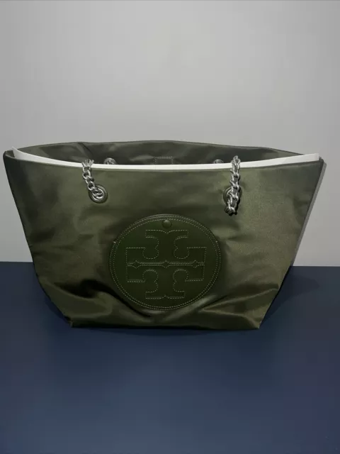 Tory Burch Hb Women Ella Chain Leather Strap Logo Tote Nylon Bag Olive Green OS