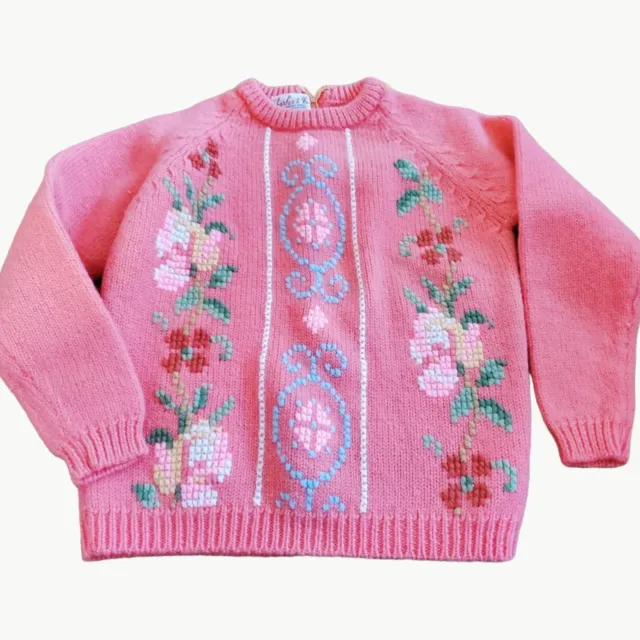 Vintage Charles & Co Wool Knit Floral Salmon Pink Sweater Cottagecore Grannycore