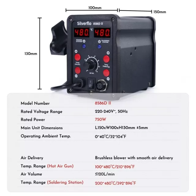 Silverflo 750W 8586D-II Soldering Iron Station Hot Air Gun 2 in 1 Rework Station 2