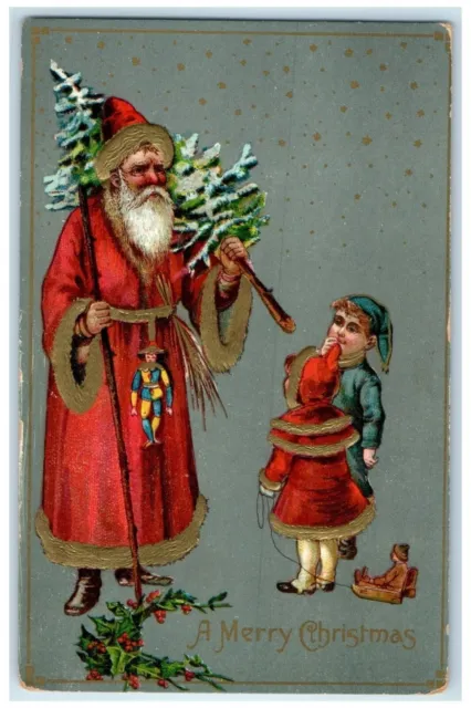 1909 Christmas Tree Santa Claus Kids Holly Berries Old World Monroe MI Postcard
