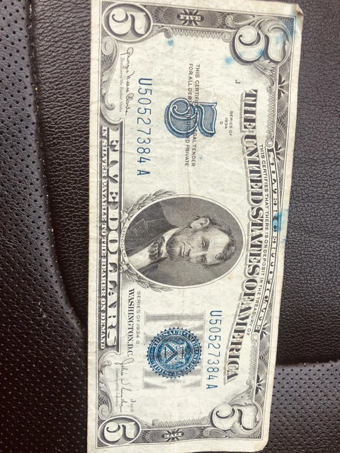 Vintage Silver Certificate $5 Note 1934 D  Five Dollar Bill Vg  $5.00 Blue Seal