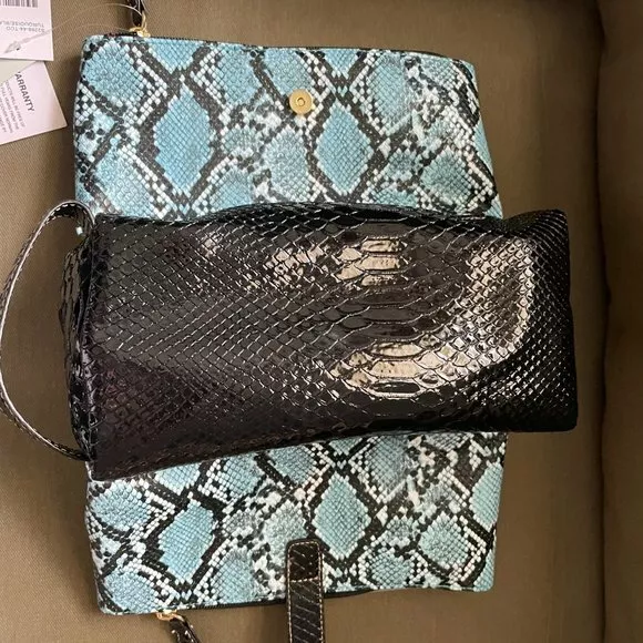 Samantha Brown Embossed  Snake Print 3 Compartment Organizer BLUE/BLACK nwt 5