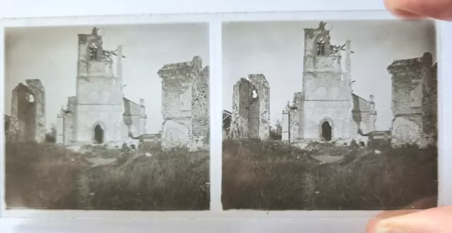 Original Unpublished WW1 Glass Stereoview Slide Precarious Wrecked Clock Tower