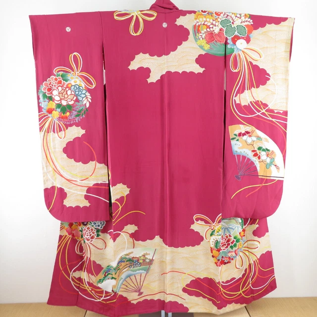 Antique Furisode Kimono Silk Embroidery Bouquet pattern Purple 61.4inch Women's