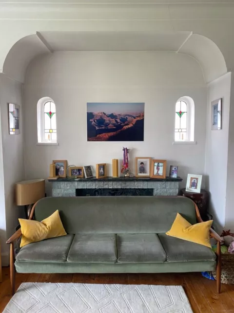 Mid century 1950s Greaves & Thomas sofa green velvet teak wood