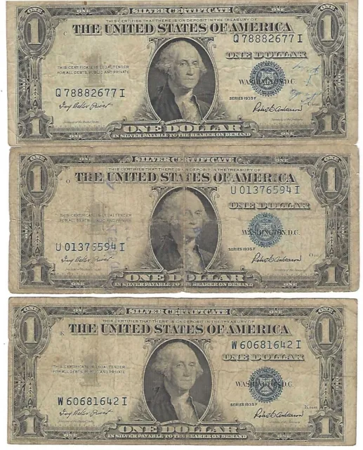 1935 Series F One Dollar Blue Seal Note Silver Certificate. Set of  3