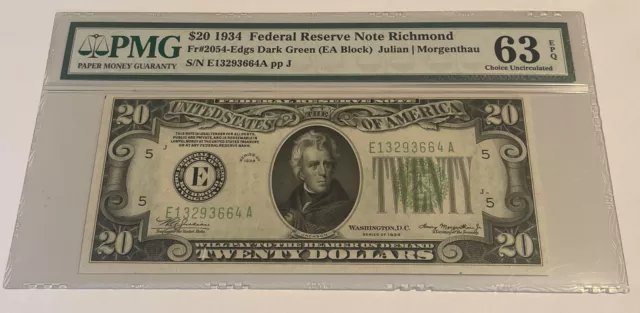 1934 $20 DOLLAR BILL RICHMOND DARK GREEN SEAL FED RESERVE NOTE PMG-63 Fr#2054 EA