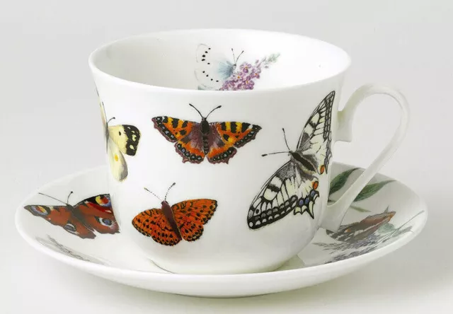 Two Sets Butterfly Garden  Breakfast Cup Saucer, Roy Kirkham England, Fine Bone 2