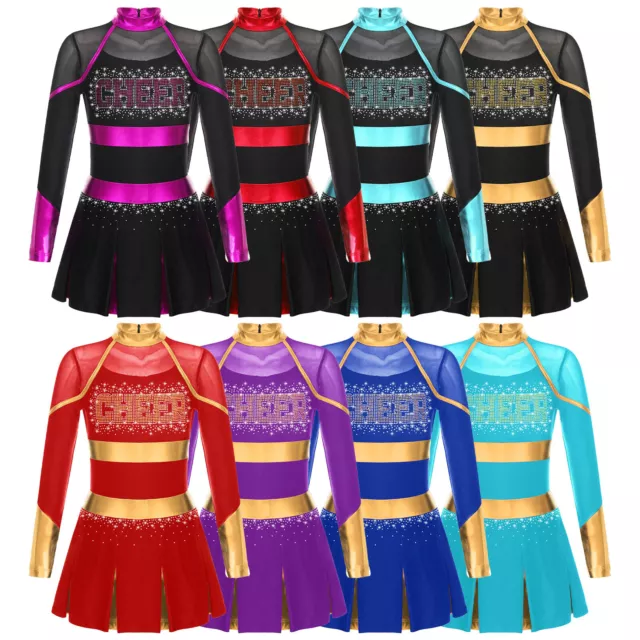 Kids Girls Dress Cosplay Uniform Cheer Leader Dresses Rhinestones Dancewear 2