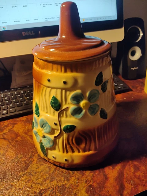 VINTAGE RETRO MID Century Butter Churn Cookie Jar Blue Flowers American