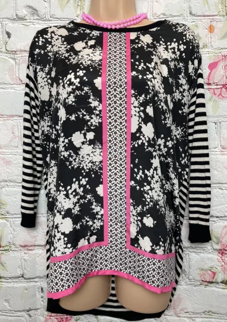 OASIS S/10 Black/Cream/Pink Floral Mix Print Longline 3/4 Sleeve Tunic Jumper