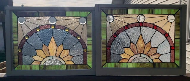 Nice Pair of Antique Victorian Stained Leaded Glass Windows .