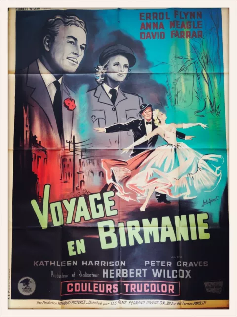 Ancienne Affiche 1954 -  VOYAGE EN BIRMANIE - 120x160cm - avec Errol Flynn