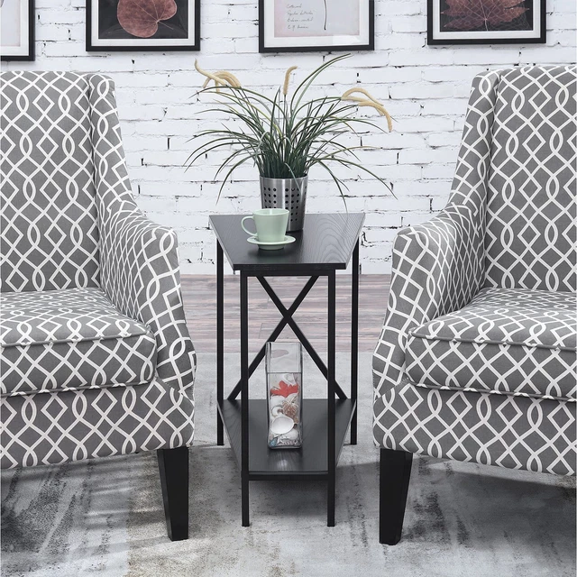 Tucson Wedge End Table with Shelf, Black, Indoor, Living Room, Home.