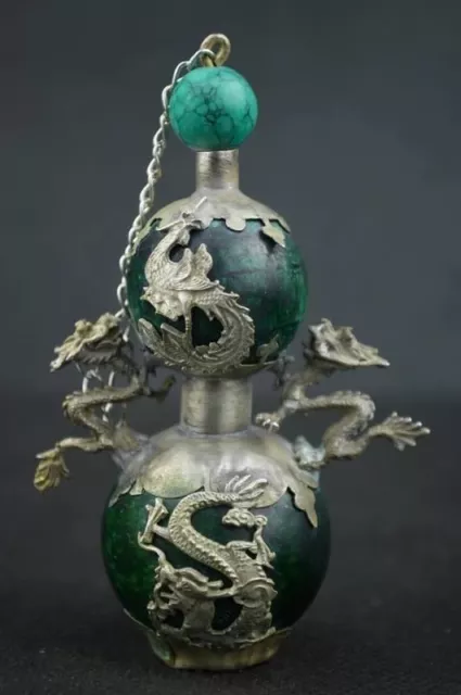 Chinese Tibetan silver Dragon and Phoenix green Jade snuff bottle