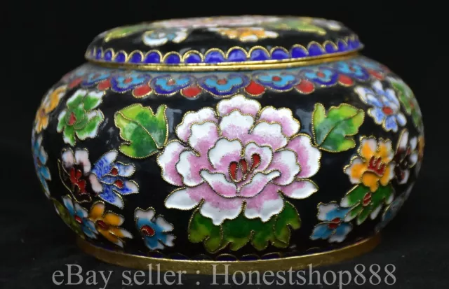 5.4" Old Chinese Copper Cloisonne Dynasty Flower Lid Jar Pot Box