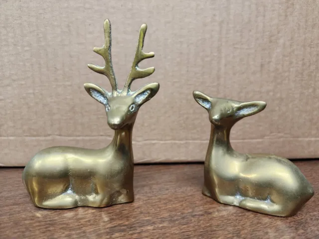 Vintage Cute Buck And Doe Deer Pair Christmas Decor - Set Of Two Solid Brass