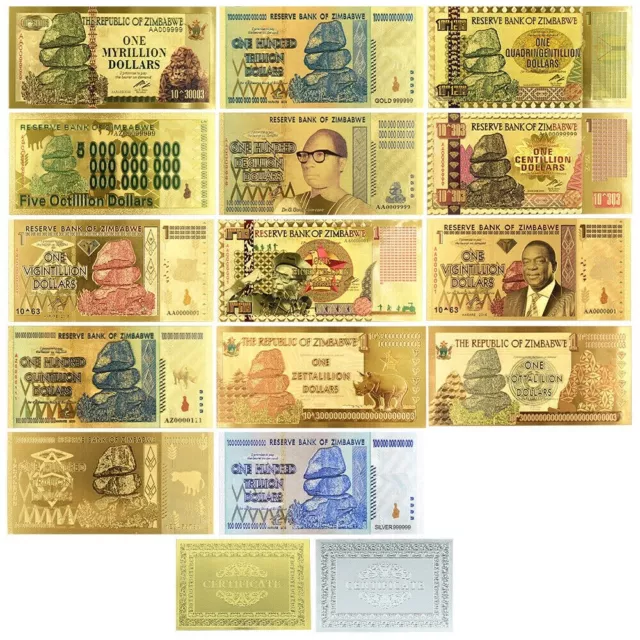 Zimbabwe 14 piece Complete Set Dollars Gold Banknote For Collection Certificate