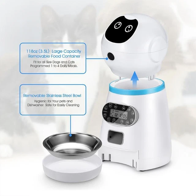 Cute Robot Shape Automatic Cat Feeder with 10s Voice Recorder Keeping Food Fresh 8