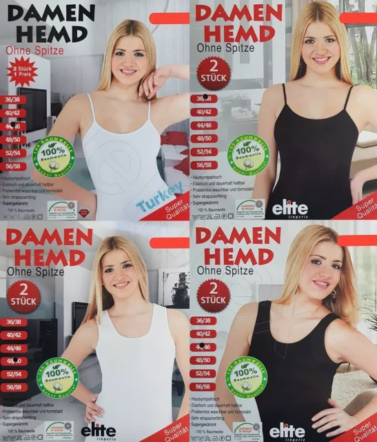 2-10er Pack Damen Tank Top Basic Spaghetti Unterhemd aus Baumwolle schwarz weiss