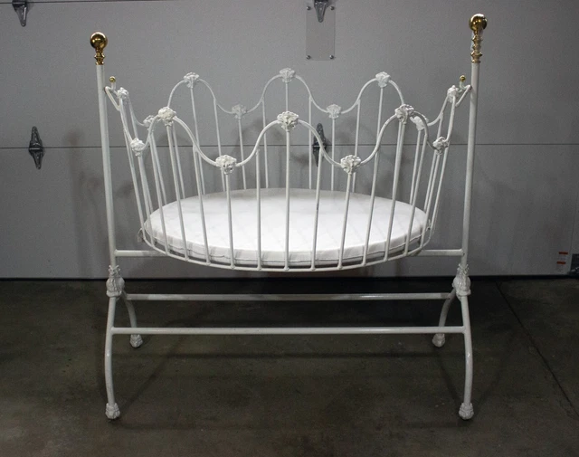White and Gold Vintage Metal Baby Crib Antique Beautiful Display Piece For Home