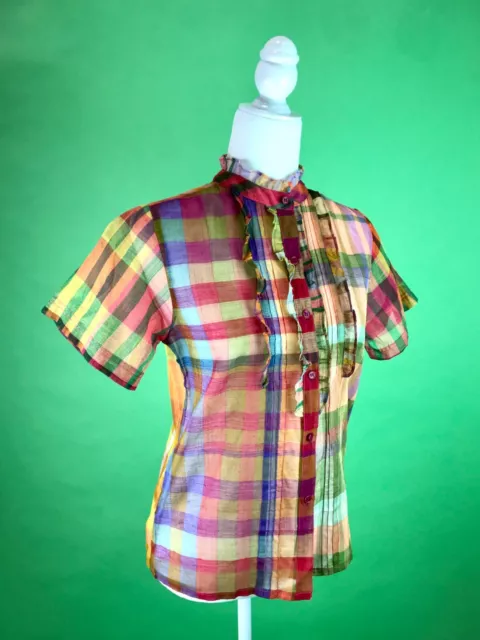 DEADSTOCK VINTAGE SHEER Ruffled Rainbow Plaid Shirt - Madras Shirt ...