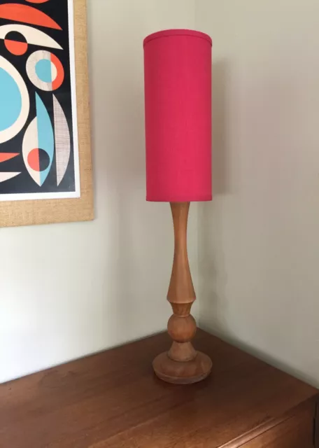 Chic Danish Modern Mid Century Table Lamp. Turned Timber Base.  Red Lampshade.