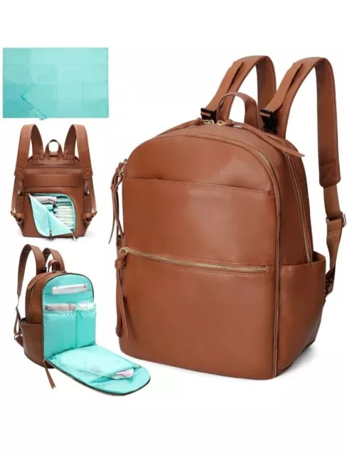 Diaper Bag Or Backpack Leather Baby Bag with 6 Insulated Pockets For Mom & Baby