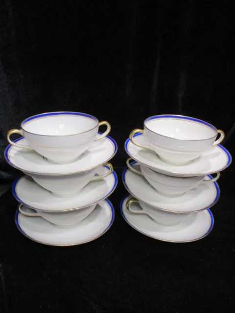 Charles Ahrenfeldt Limoges Cobalt Blue Double Gold Band 6 Cream Soup Bowl Saucer