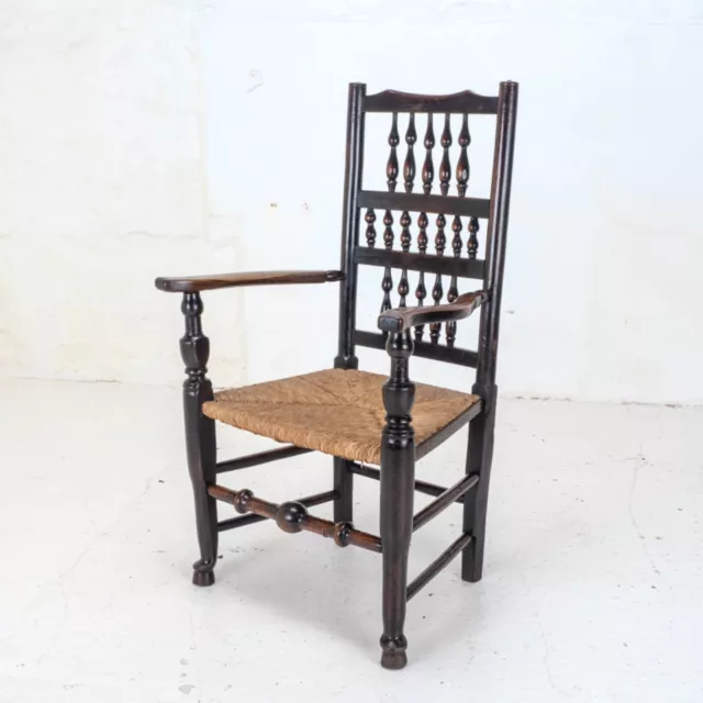 C19th Elm & Ash Lancashire Rush Seat Country Carver Armchair 2