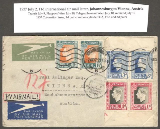 (AOP) South Africa 1937 Coronation pairs x 3 on 1937 cover to Austria