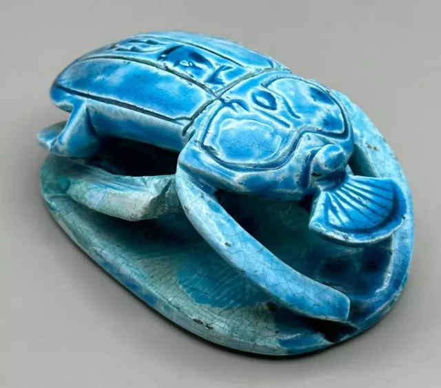 Ancient Egyptian glazed faience scaraboid seal with heiroglyphs large size