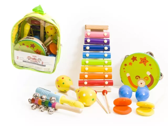 Musikinstrumente 7Stück Instrumente Holz im Rucksack Set für Kinder spielzeug