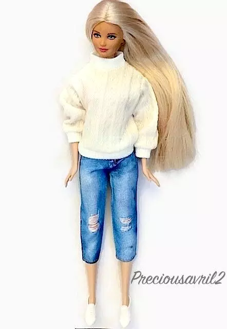 Brand New Barbie doll clothes clothing jeans white jumper flat white shoes