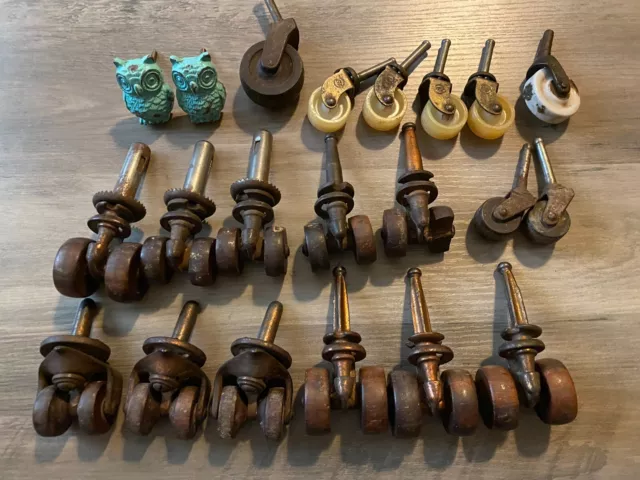 Lot of Antique Wooden Wheel Casters + other casters and 2 Metal Owl Drawer Pulls