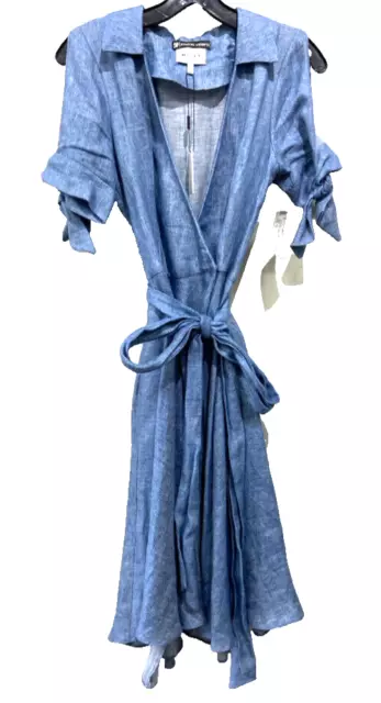 Milly Size 2 Blue Linen Blend Chambray Wrap Short Sleeve Dress